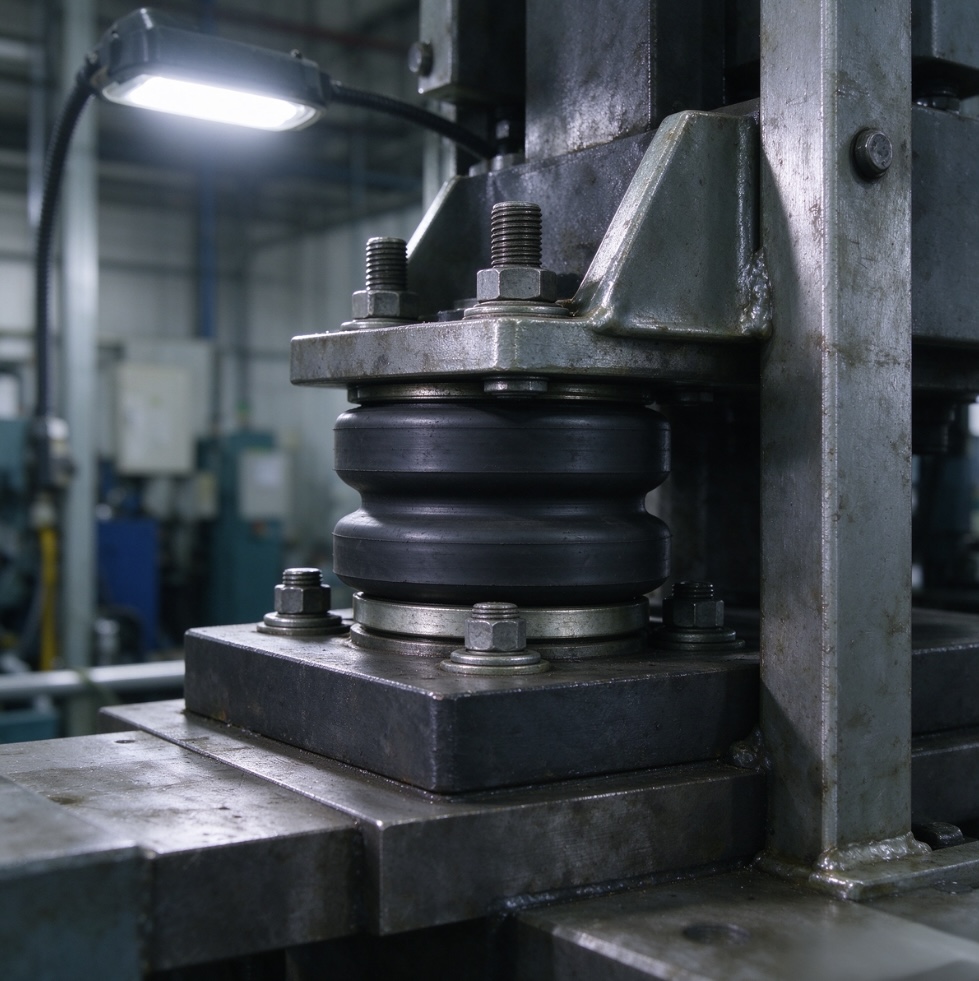 custom rubber shock absorber installed on heavy industrial machinery, factory workshop scene